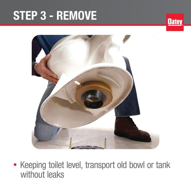 Person holding a toilet bowl level during removal, demonstrating gel application to seal the base.