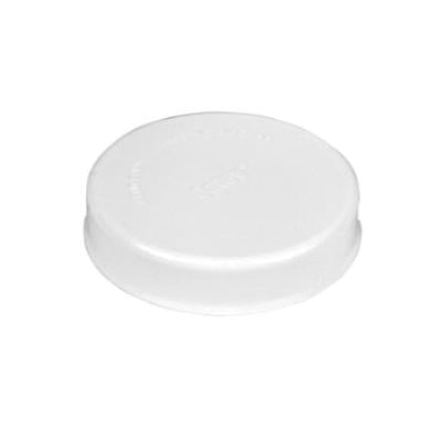 White PVC end cap with flat top and raised rim, 2 inch diameter.