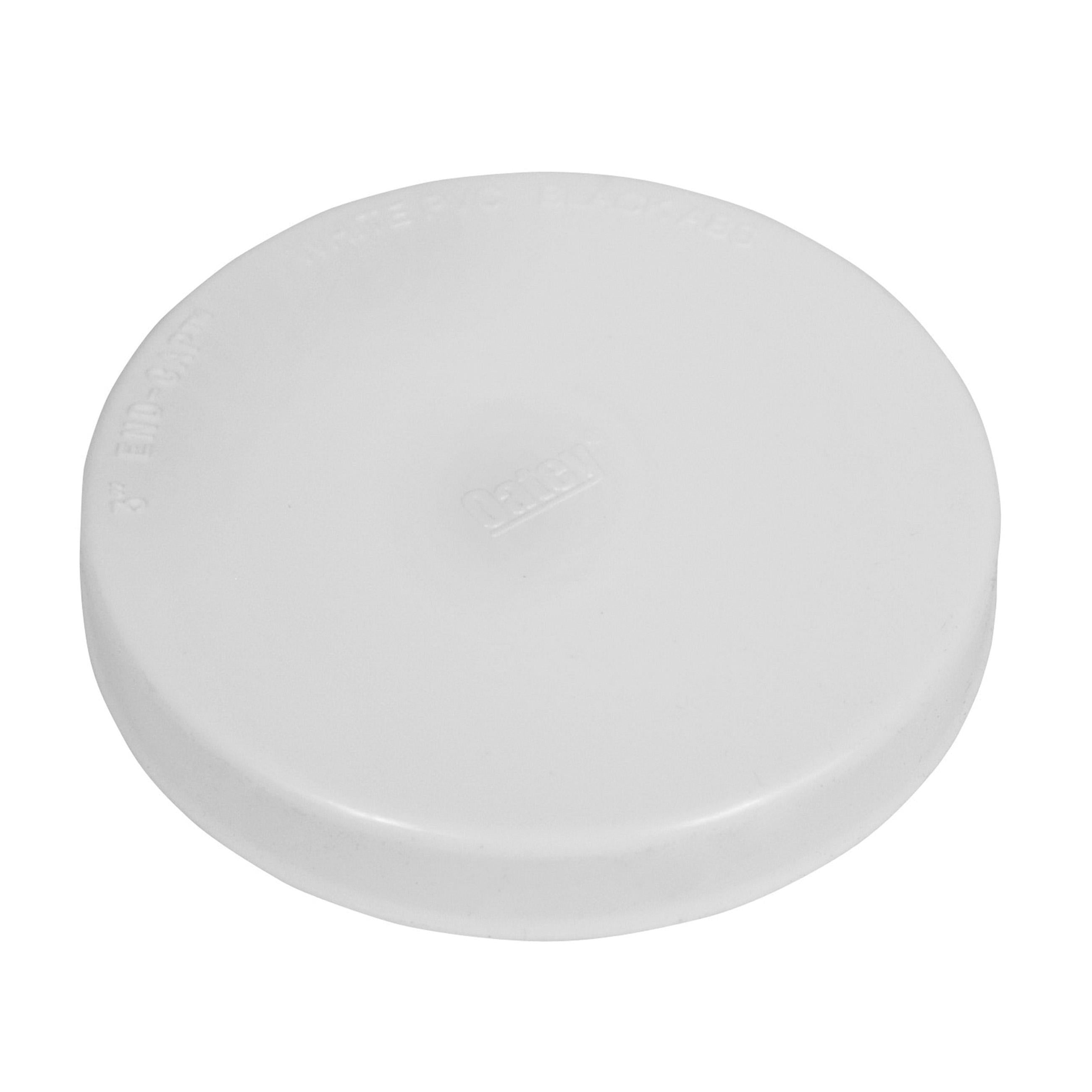 White PVC end cap with rounded dome top and flat base for 3-inch pipe.