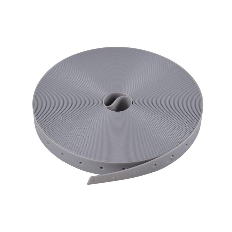Gray plastic hanger strap coiled on spool with perforated edge and center hole.