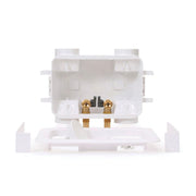 White plastic washing machine outlet box with two brass copper sweat connections and internal valve assembly.