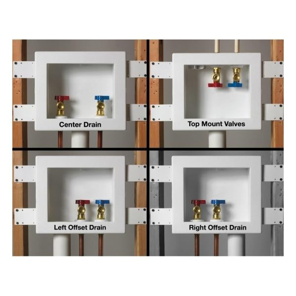 Four white outlet boxes mounted in wall studs showing center drain, top mount valves, left offset drain, and right offset dra