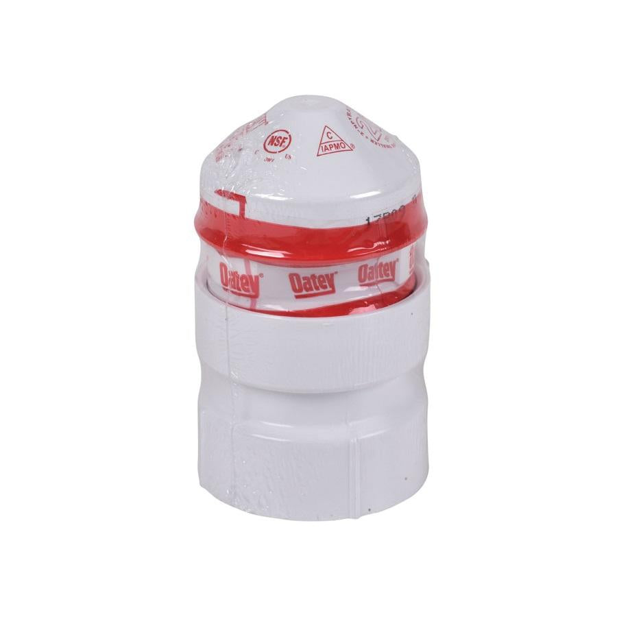 White PVC air admittance valve with red band and Oatey branding, dome-shaped top, cylindrical adapter base.