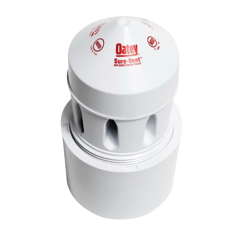 White Oatey Sure-Vent air admittance valve with cylindrical body and PVC adapter base.
