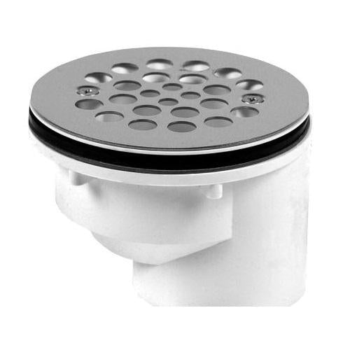 Two-inch PVC shower drain with stainless steel strainer top and black rubber gasket seal.