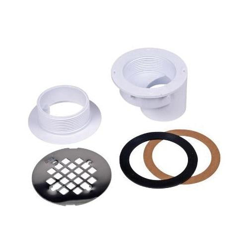 PVC shower drain components including white flanges, black stainless steel strainer, and rubber sealing rings.