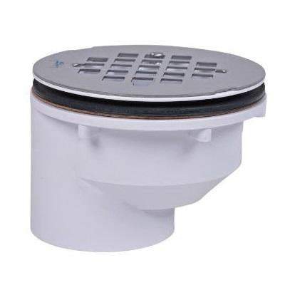 2-inch offset PVC shower drain with stainless steel strainer top and white cylindrical body.