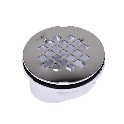 Circular stainless steel strainer with grid pattern openings and white PVC base with black rubber ring.