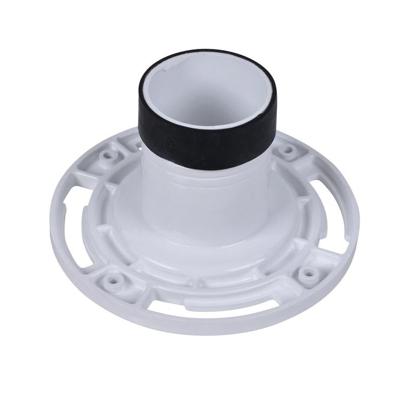 White PVC flange with black rubber ring, mounting holes, and central pipe opening.