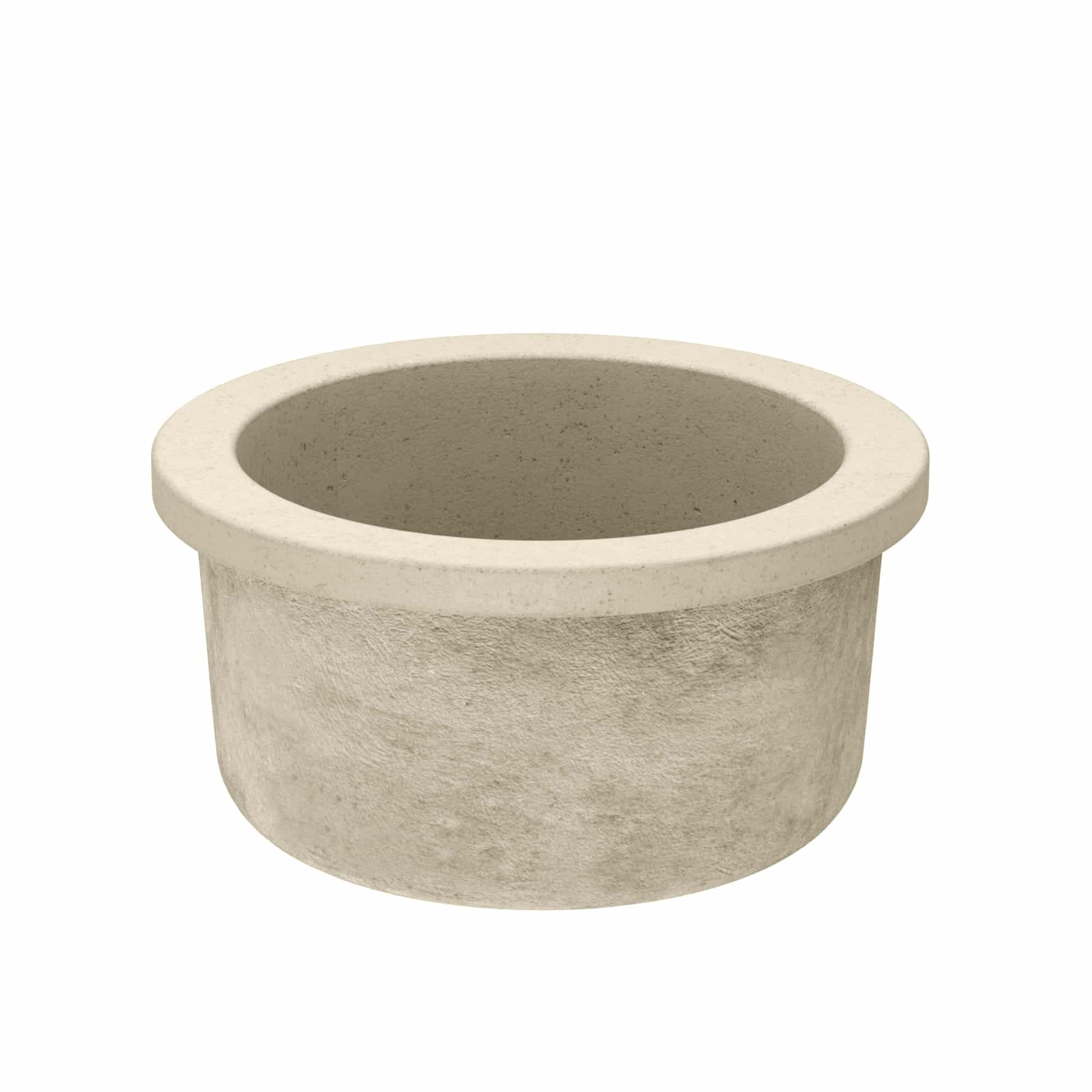 Sand-colored concrete planter with textured cylindrical body and smooth rolled rim.