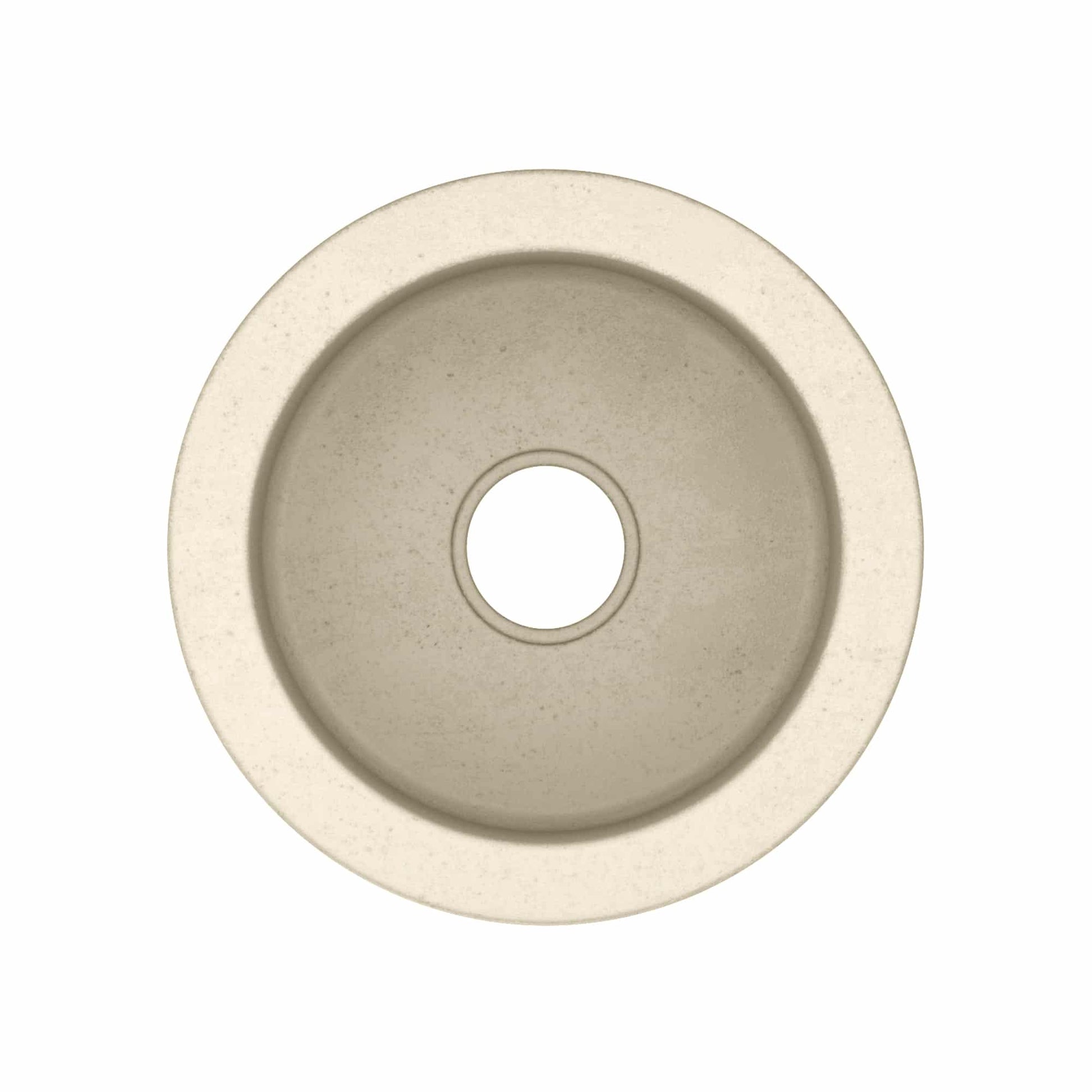 Round sand-colored sink basin with central drain hole, viewed from above.