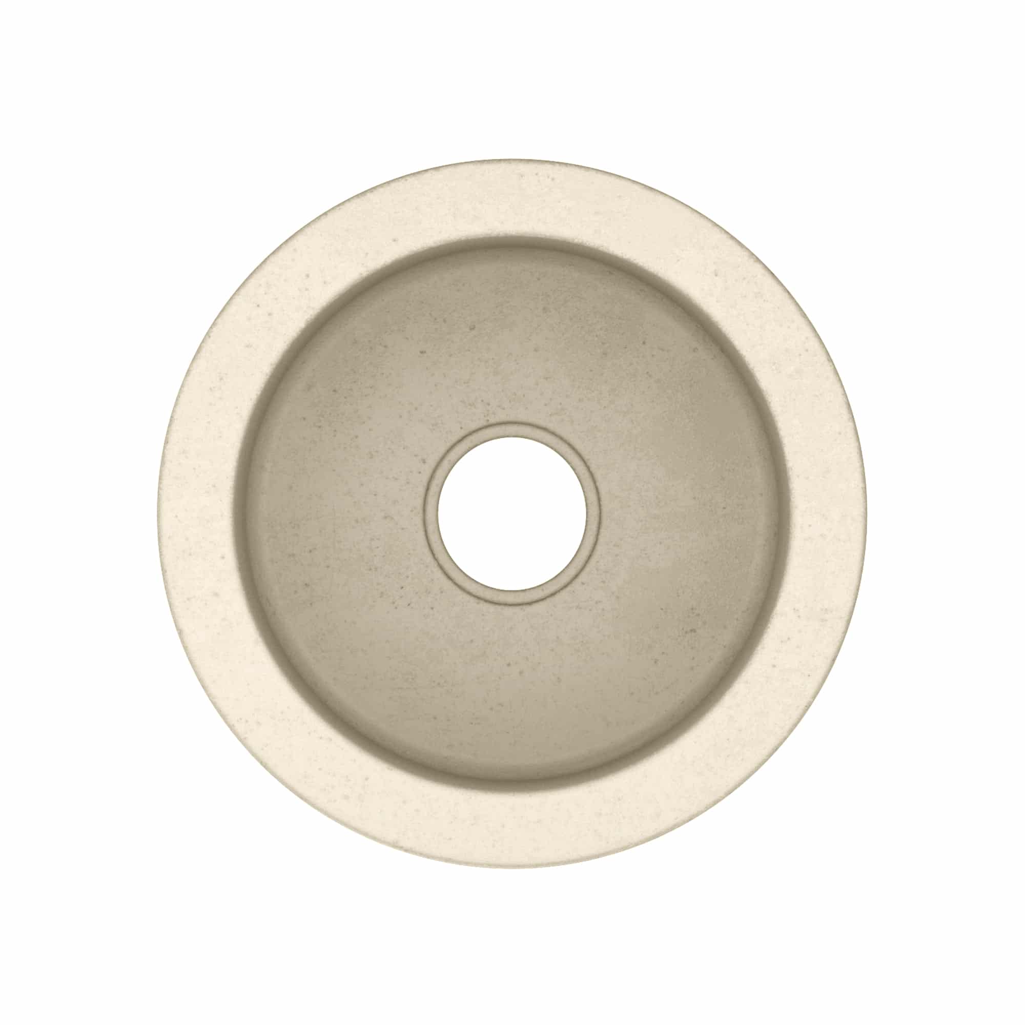 Round sand-colored sink basin with central drain hole, viewed from above.