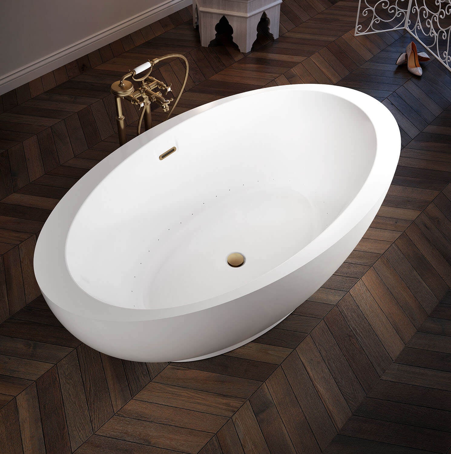 Bain Ultra Opalia 6839 Oval Freestanding 1-Person 51 Gallon Soaker Bathtub with Offset Deck and Left Waste in White - BOPPOFXLN-01