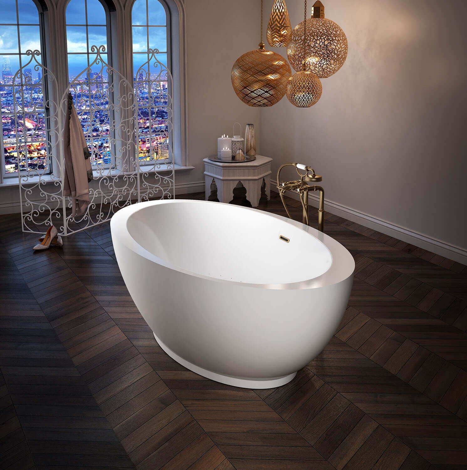 Bain Ultra Opalia 6839 Oval Freestanding 1-Person 51 Gallon 35 Jet Thermomassuer Bathtub with Offset Deck Heated Backrest Heated Headrest and Right Waste in Black/White - BOPPOFXRT-66