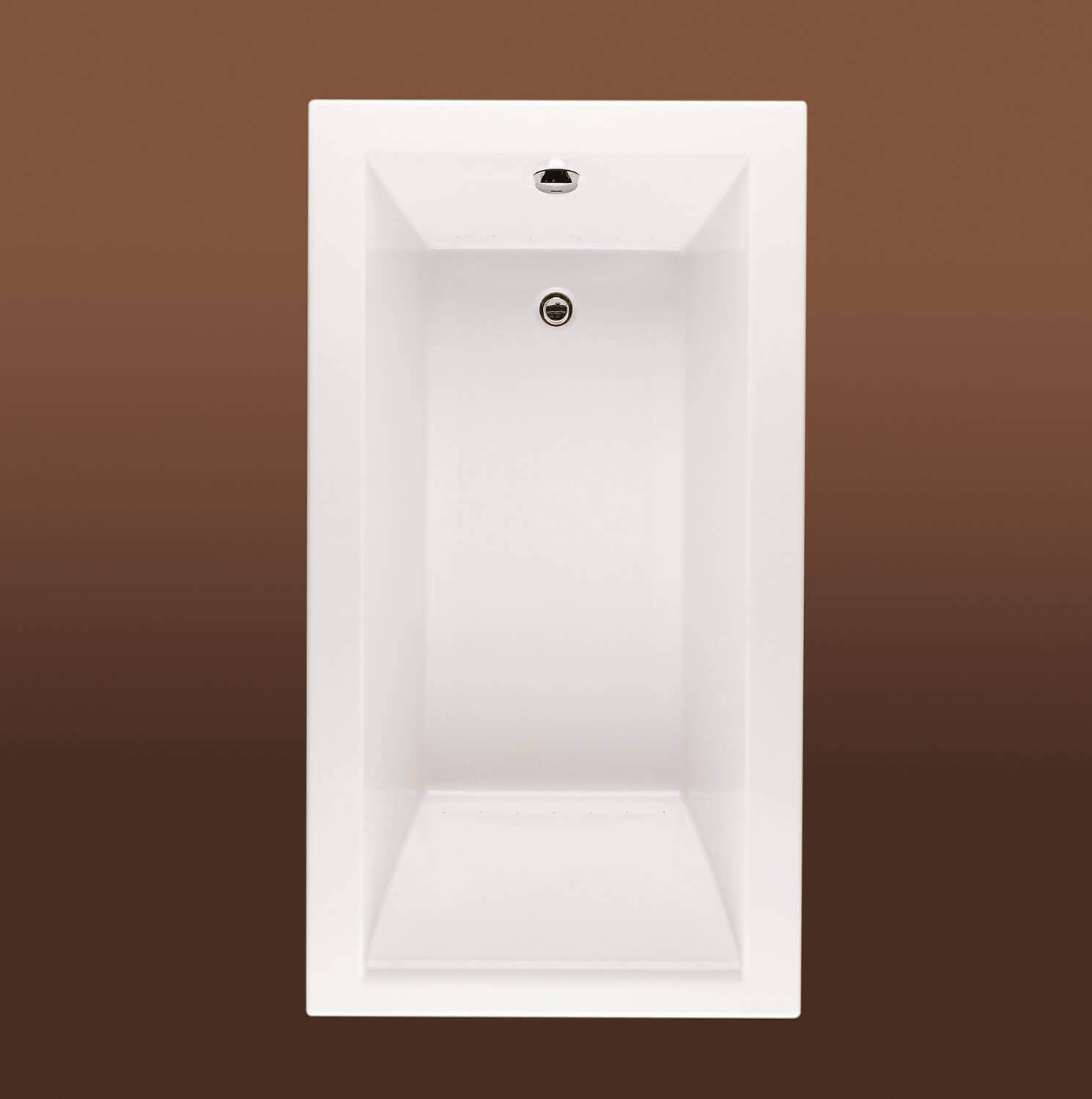 Biscuit-colored rectangular soaking bathtub with drain and overflow fixtures, viewed from above.