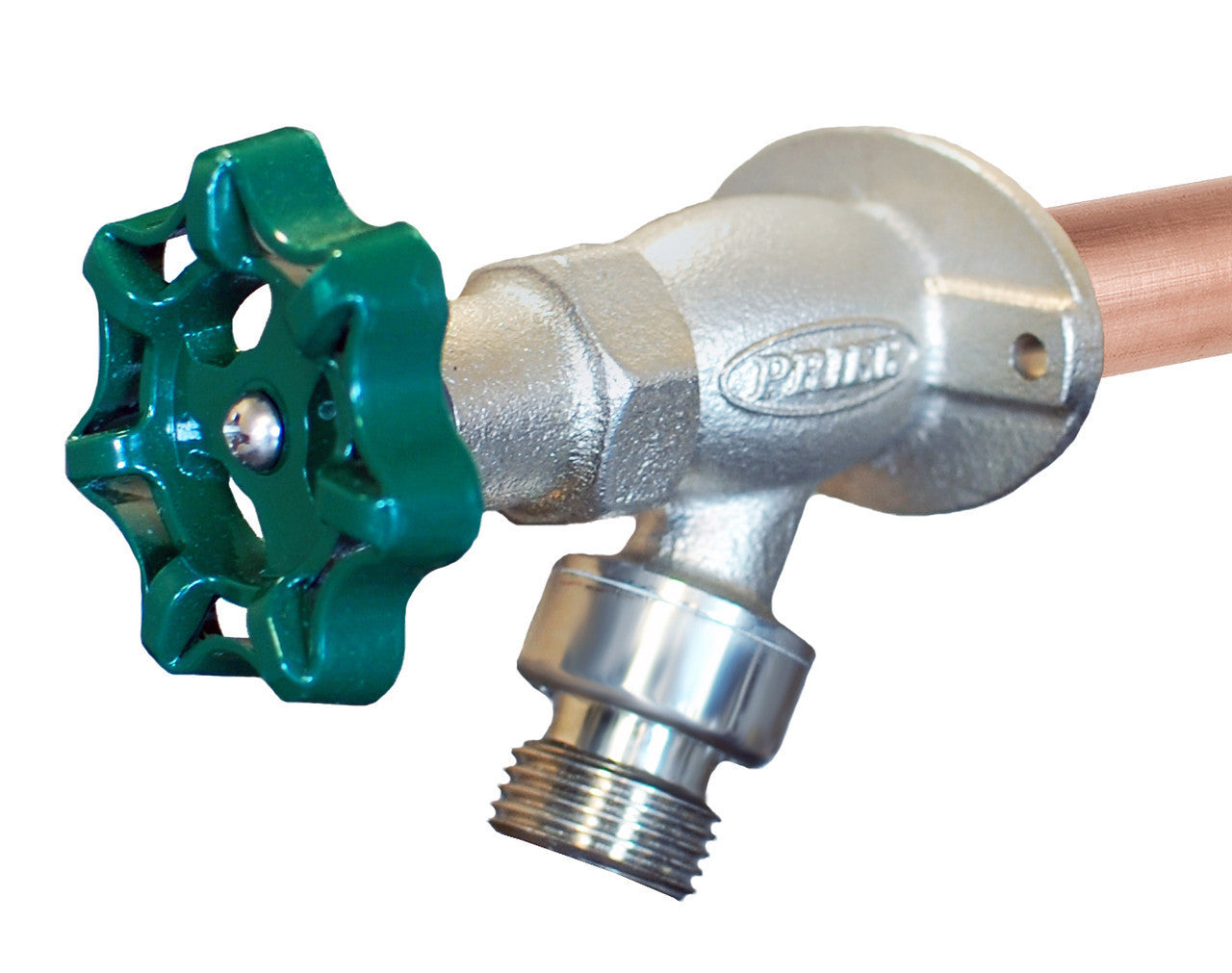 Silver metal wall hydrant with green handle valve and copper inlet pipe.
