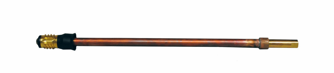 Prier stem assembly with brass threaded left end, black grip section, and copper tubing extending to brass fitting on right e
