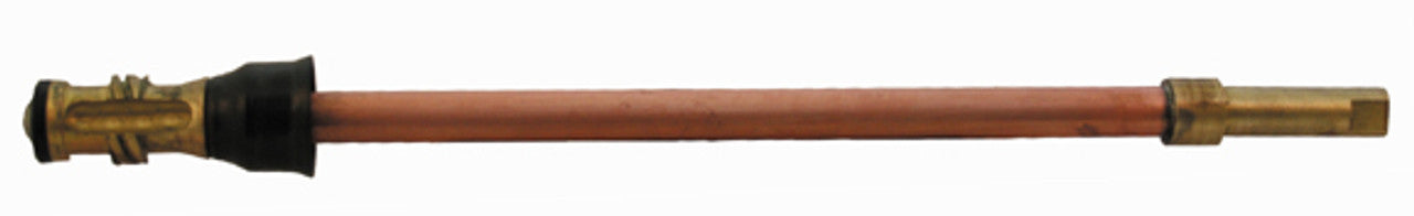 Brass and copper stem assembly with black handle grip and threaded connections on both ends.