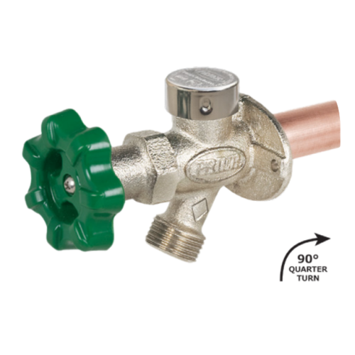 Brass wall faucet with green quarter-turn handle, chrome cap, and copper PEX inlet connection.