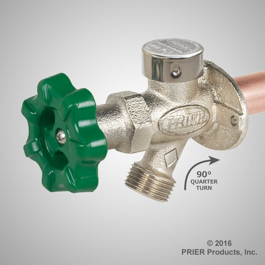 Brass wall faucet with green soft grip handle, copper PEX inlet, and quarter turn valve mechanism.