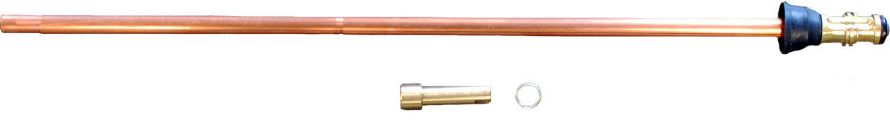 Copper stem assembly with brass valve cartridge and rubber seal on white background.