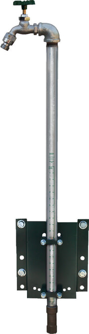 Roof hydrant with green handle at top, metal pipe body with measurement markings, and green mounting bracket at base.