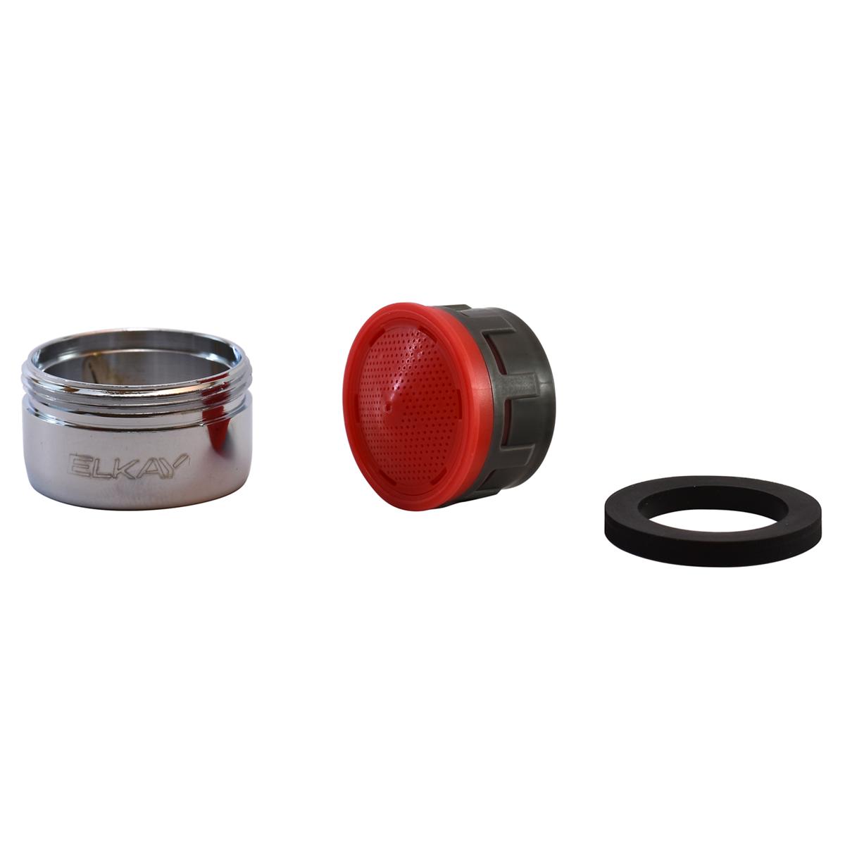 Three-part Elkay aerator assembly with chrome collar, red perforated aerator head, and black rubber gasket.