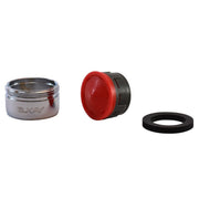 Three-part Elkay aerator assembly with chrome collar, red perforated aerator head, and black rubber gasket.