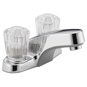 Chrome two-handle bathroom faucet with clear ribbed handles and curved spout.