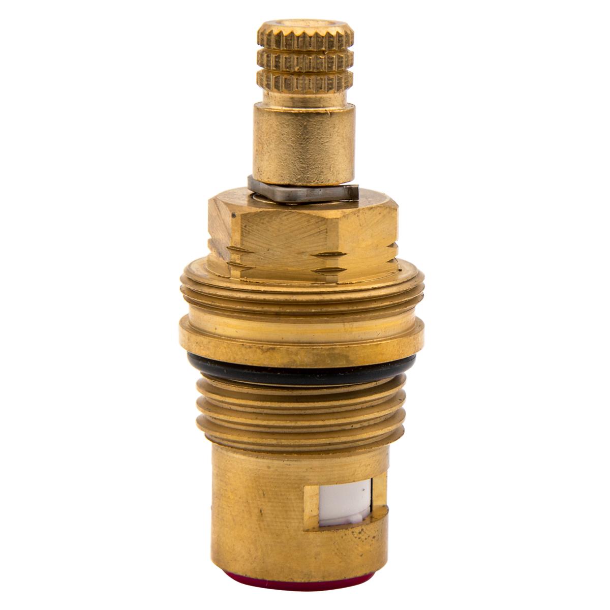 Brass ceramic disk cartridge with threaded adjustment knob, hex body, and black seal ring for left-hand faucet installation.