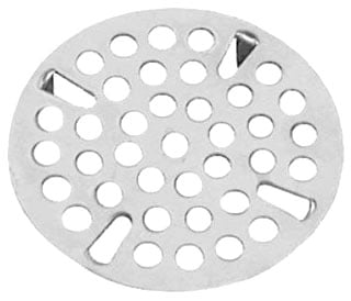 Chrome-plated 3-1/2" drain strainer with perforated holes and handles on sides.
