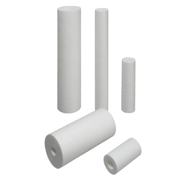 Five white cylindrical sediment filter cartridges in varying sizes displayed vertically and horizontally.