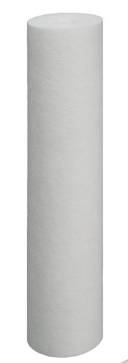 White cylindrical poly-bonded sediment filter cartridge with flat top and bottom ends.