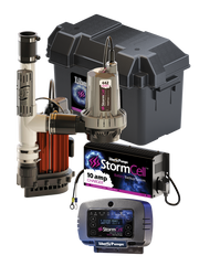 Sump pump combo system with primary and backup pumps, battery charger, basin, and wireless alarm monitor displayed together.
