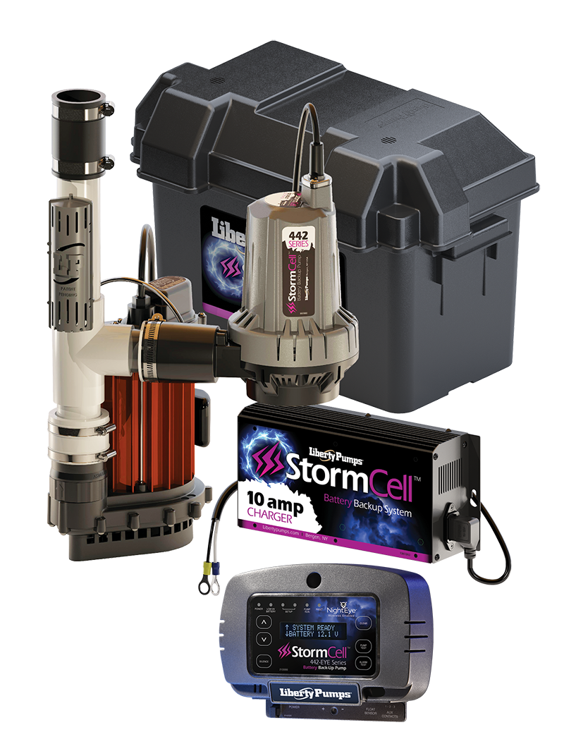 Sump pump combo system with primary and backup pumps, battery charger, basin, and wireless alarm monitor displayed together.