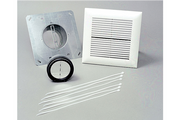 4-inch inline fan kit with white inlet grille, black backdraft damper, and six white clamps.