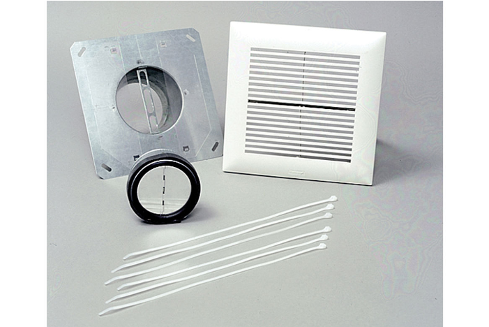 4-inch inline fan kit with white inlet grille, black backdraft damper, and six white clamps.