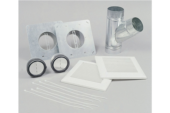 Panasonic 6-inch inline fan installation kit with two grilles, dampers, Y-adapter, ductwork, and clamps.