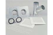 White and metal 6-inch double pick-up fan accessory kit with dampers, ducts, grilles, and connectors.