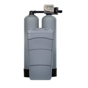 Twin tank water softener system with dual gray resin tanks, electronic control valve, and digital display mounted on top.