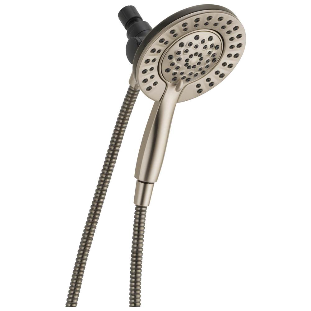 Dual showerhead with perforated spray pattern, brushed nickel finish, attached hose, and black adjustment dial.