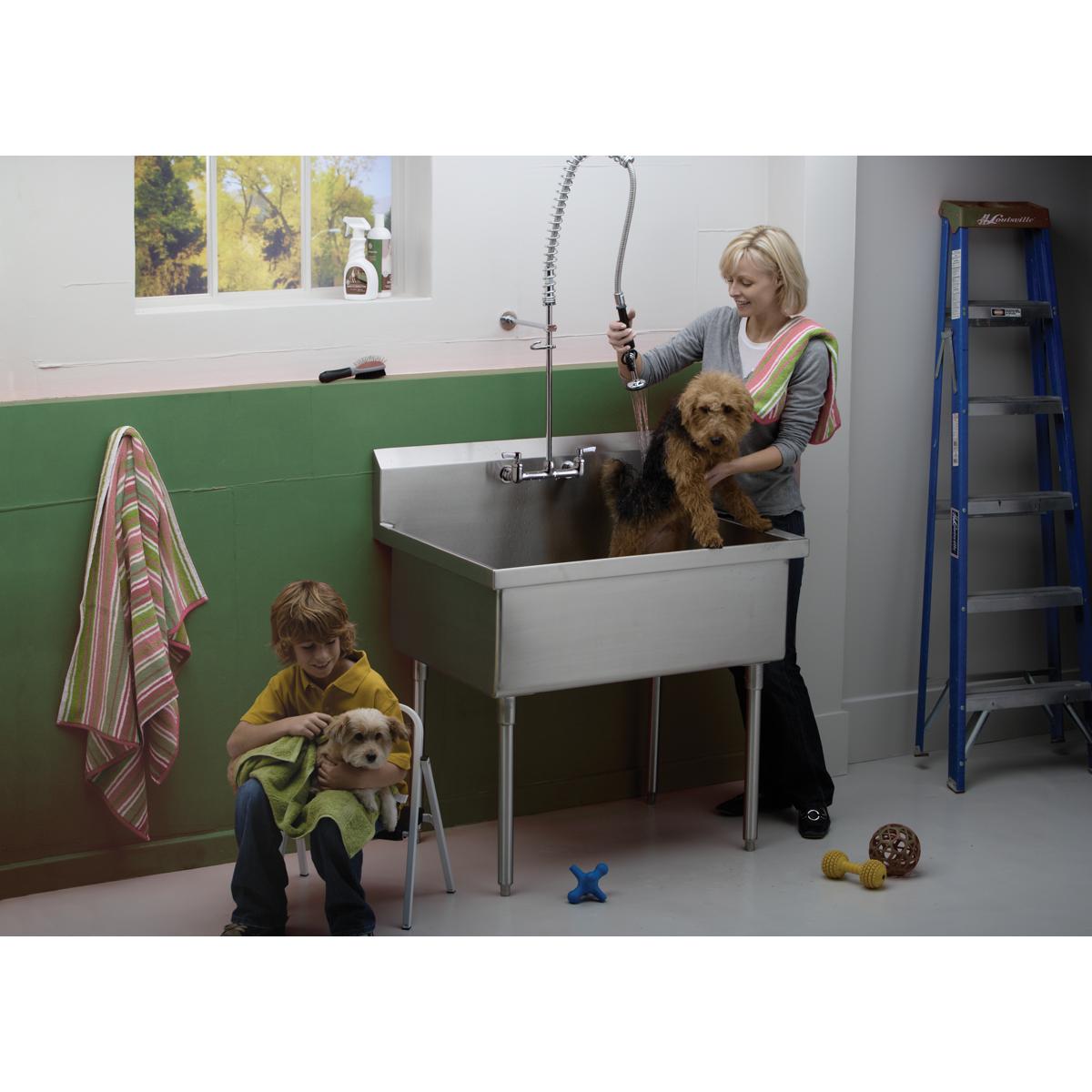 Chrome wall-mounted faucet with flexible hose and spray head positioned above stainless steel utility sink.