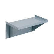 Stainless steel wall-mounted shelf with angled support brackets and raised edges for water cooler chillers.
