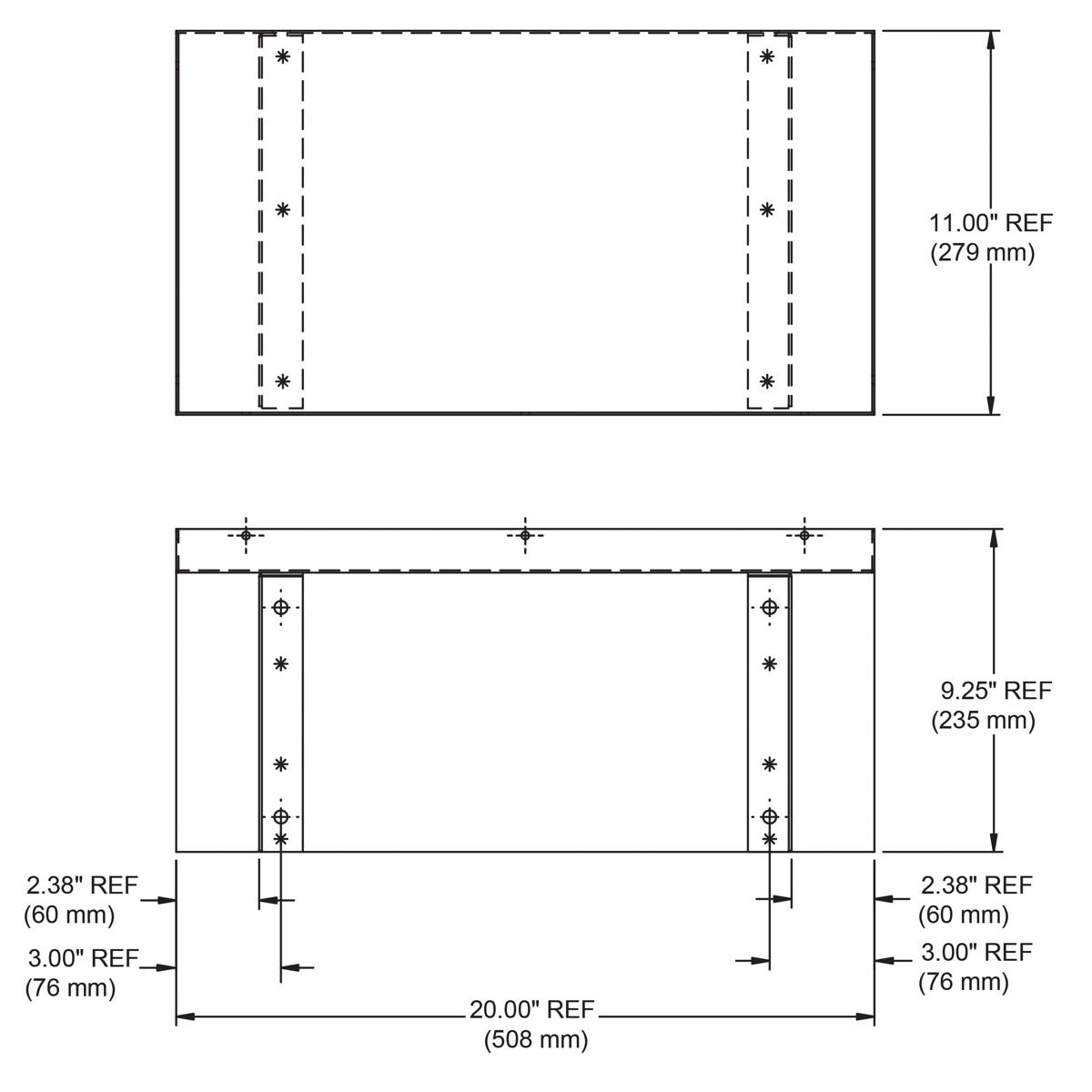Wall-mounted shelf with dual vertical mounting brackets and dimension specifications for chiller installation.