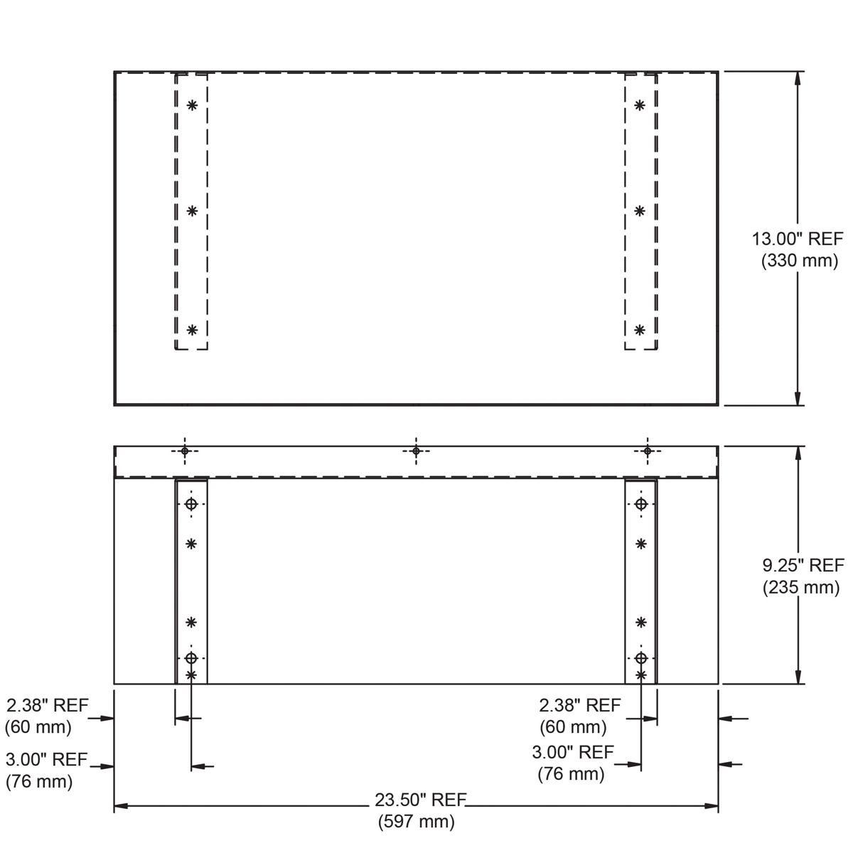Technical drawing of wall-mounted rectangular shelf with mounting brackets on left and right sides, marked with dimensions.