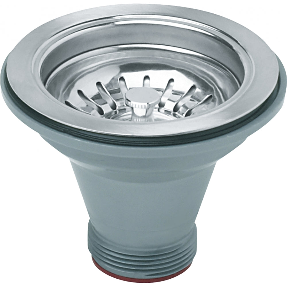 Stainless steel sink strainer basket with perforated filter slots and rubber sealing ring.
