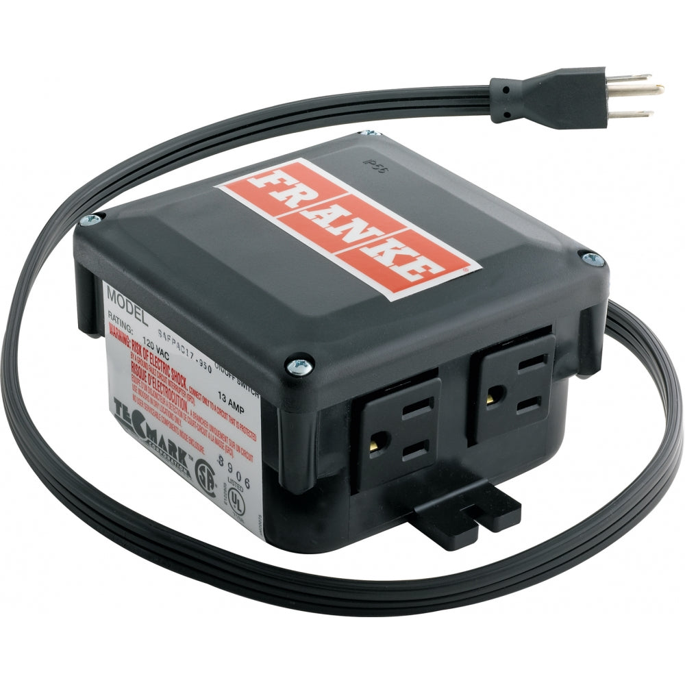 Black Franke garbage disposal air switch controller with attached power cord and outlet ports.