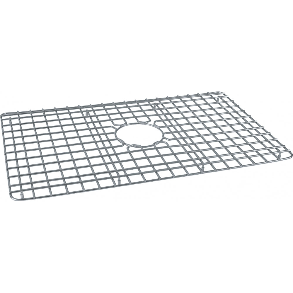 Stainless steel grid bottom with center drain hole for kitchen sink basin.