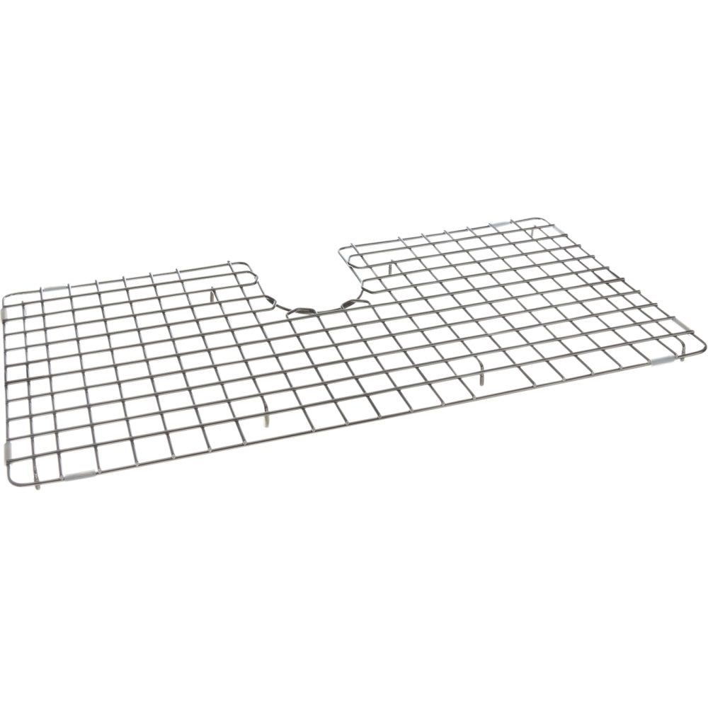 Stainless steel grid bottom insert with square mesh pattern and center cutout for sink basin.