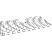 Stainless steel grid bottom insert with square mesh pattern and center cutout for sink basin.
